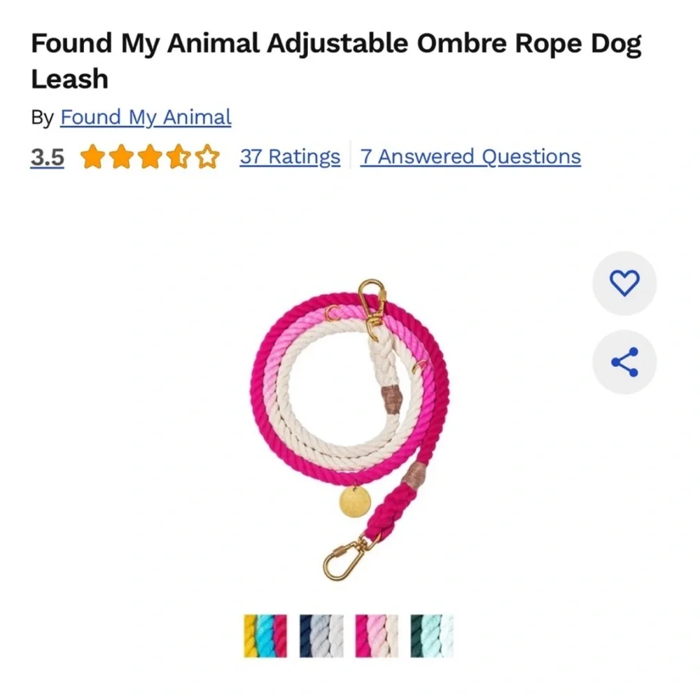 NWT Found My Animal Adjustable Ombre Rope Dog Leash in Magenta Size Medium